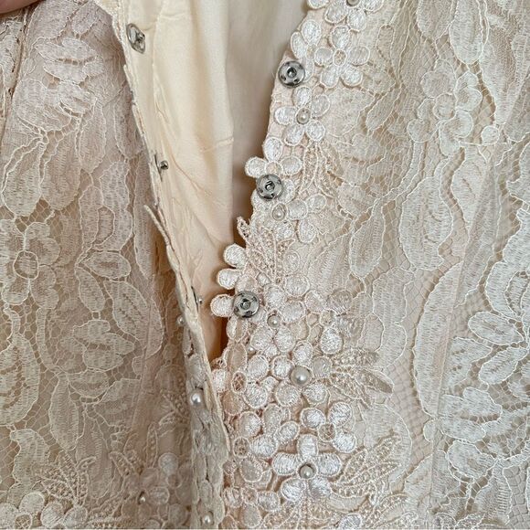 Vintage Formal Coquette Lace Beaded Embroidered Soft Pink Floral Button Blazer - Picture 4 of 8